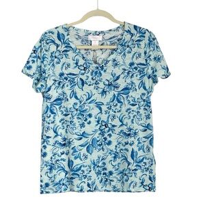 Stella Parker Cotton Blue Floral V-Neck T-Shirt Size S